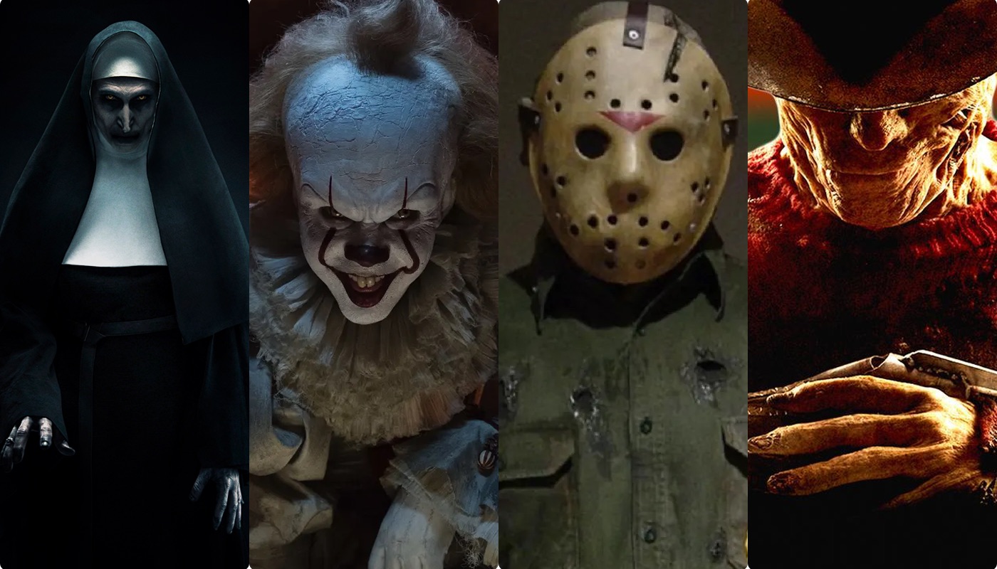 The Nun, Pennywise, Jason Voorhees and Freddy Krueger in a composite image.