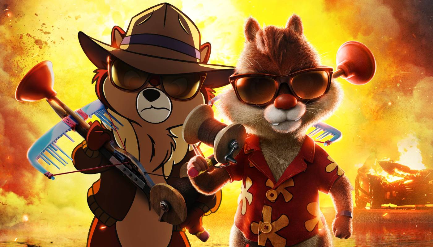 Disney's Chip 'n Dale from The Rescue Rangers walking away from an explosion with their gear and sunglasses.